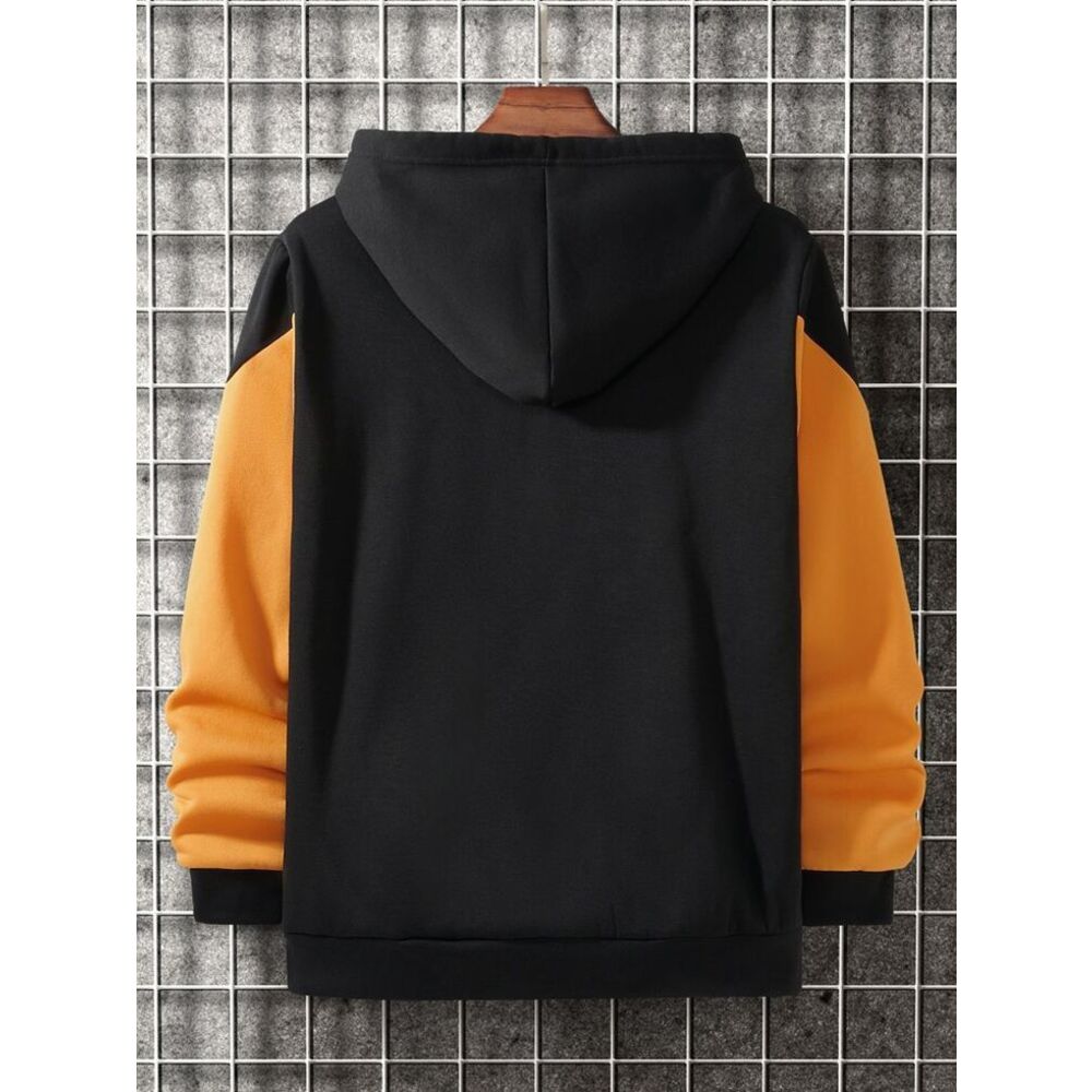 uzun kollu siyah turuncu renk bloklu oversıze sweat hoodie