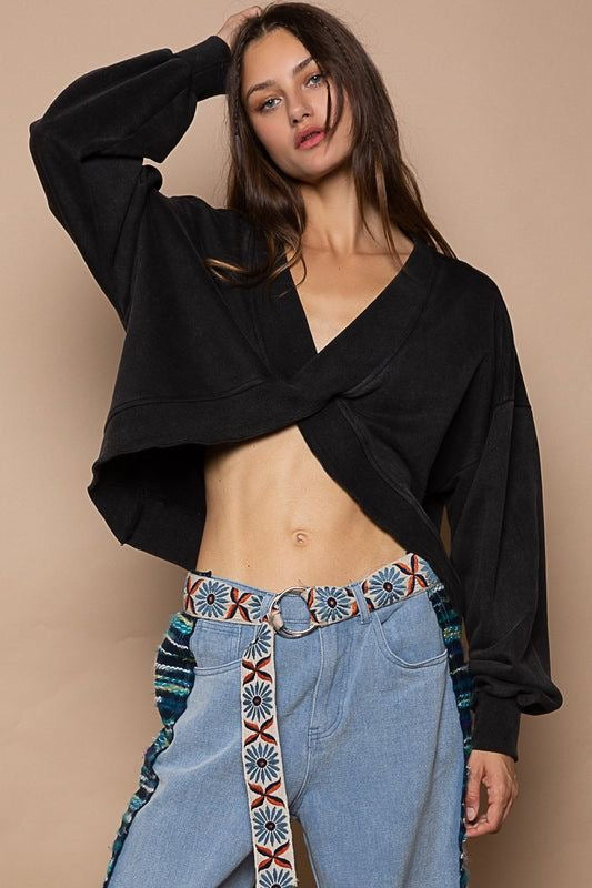 Siyah kum saati çapraz crop sweatshirt