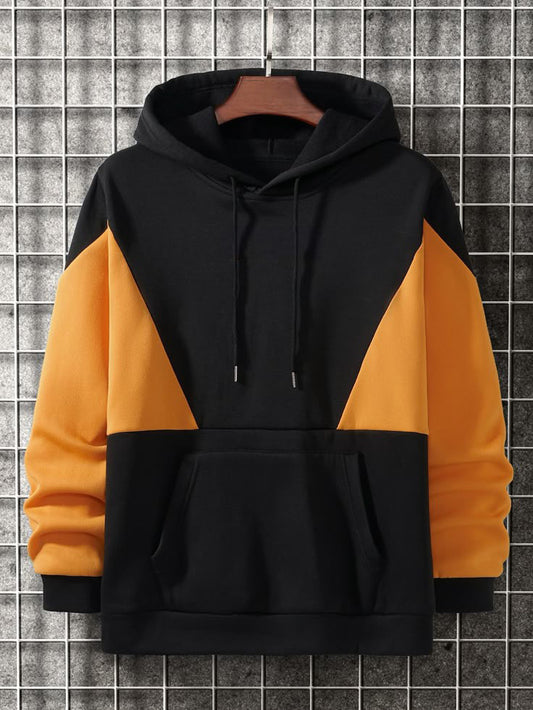 uzun kollu siyah turuncu renk bloklu oversıze sweat hoodie